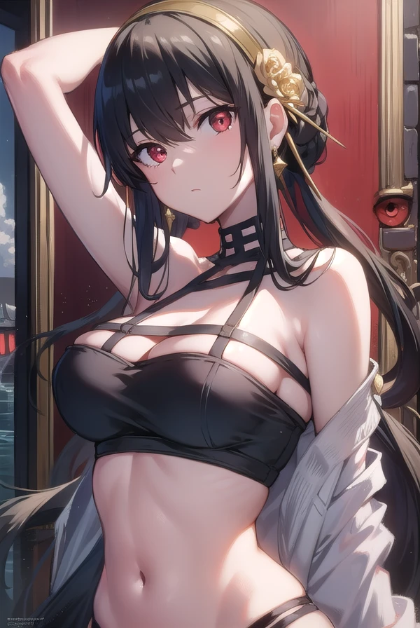 yorbriar, <lora:yorbriar:1>, yor briar, black hair, (red eyes:1.5), earrings, gold hairband, hairband, long hair, sidelocks,
BREAK bikini,
BREAK outdoors, beach,
BREAK looking at viewer, 
BREAK <lora:GoodHands-vanilla:1>, (masterpiece:1.2), best quality, high resolution, unity 8k wallpaper, (illustration:0.8), (beautiful detailed eyes:1.6), extremely detailed face, perfect lighting, extremely detailed CG, (perfect hands, perfect anatomy),