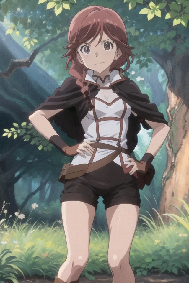 anime, best quality,forest,1girl,braid,hands on hips,