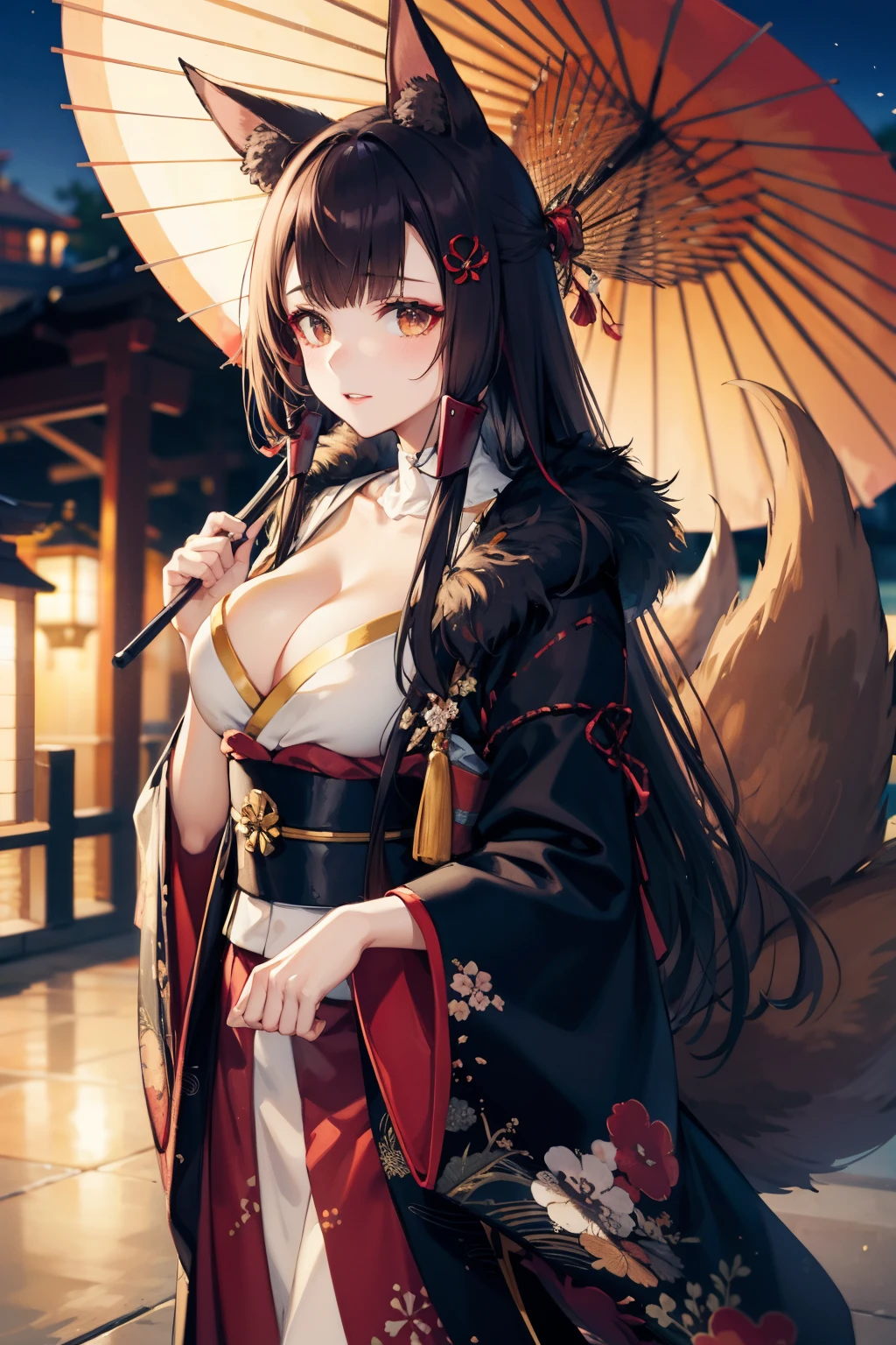 <lora:akagi-08:1>akagi(azur lane), large breasts, 1girl, outdoors, blurry, fur trim, japanese clothes, animal ears, makeup, multiple tails, holding, long hair, hair ornament, fox tail, black kimono, oil-paper umbrella, kitsune, solo, fox girl, looking at viewer, cleavage, tail, wide sleeves, sash, fox ears, holding umbrella, brownn hair, kimono