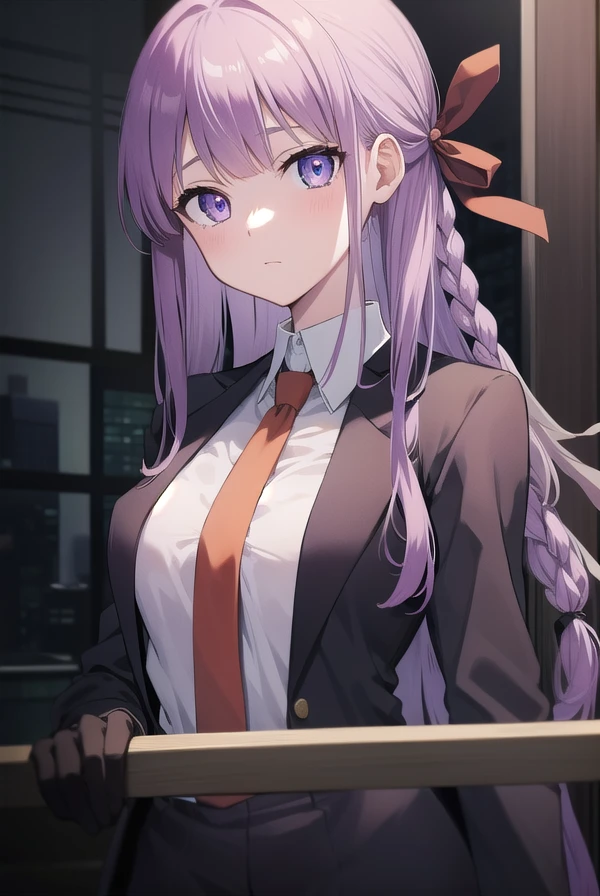 kyokokirigiri, <lora:kyokokirigiritest:1>, kyoko kirigiri, (braid:1.1), hair behind ear, long hair, (side braid:1.1), light purple hair, hair ribbon, ribbon, (purple eyes:1.1),
BREAK black gloves, brown necktie, collared shirt, gloves, jacket, necktie, orange necktie, shirt, side braid, white shirt,
BREAK indoors, classroom,
BREAK looking at viewer,
BREAK <lora:GoodHands-vanilla:1>, (masterpiece:1.2), best quality, high resolution, unity 8k wallpaper, (illustration:0.8), (beautiful detailed eyes:1.6), extremely detailed face, perfect lighting, extremely detailed CG, (perfect hands, perfect anatomy),