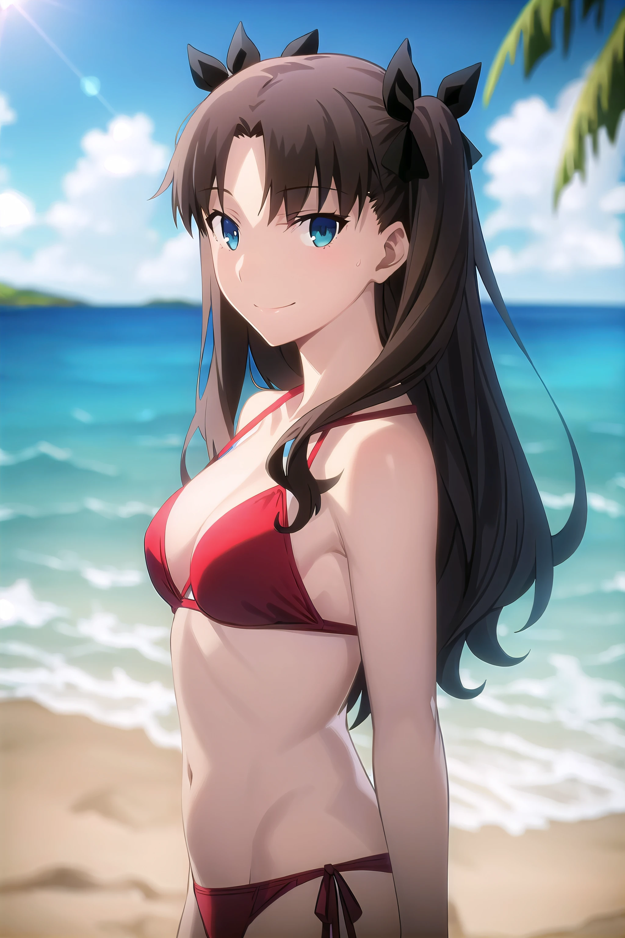 best quality, (masterpiece:1.2), highly detailed,
beach, water, splash, sunrays,
<lora:chara_FateStayNightUBW_TohsakaRin_v1:0.8>, tohsaka rin, upper body,
1girl, solo, standing, looking at the viewer, closed mouth, smile, 
long hair, two side up, brown hair, blue eyes, hair ribbon, medium breasts,
red bikini, front-tie bikini