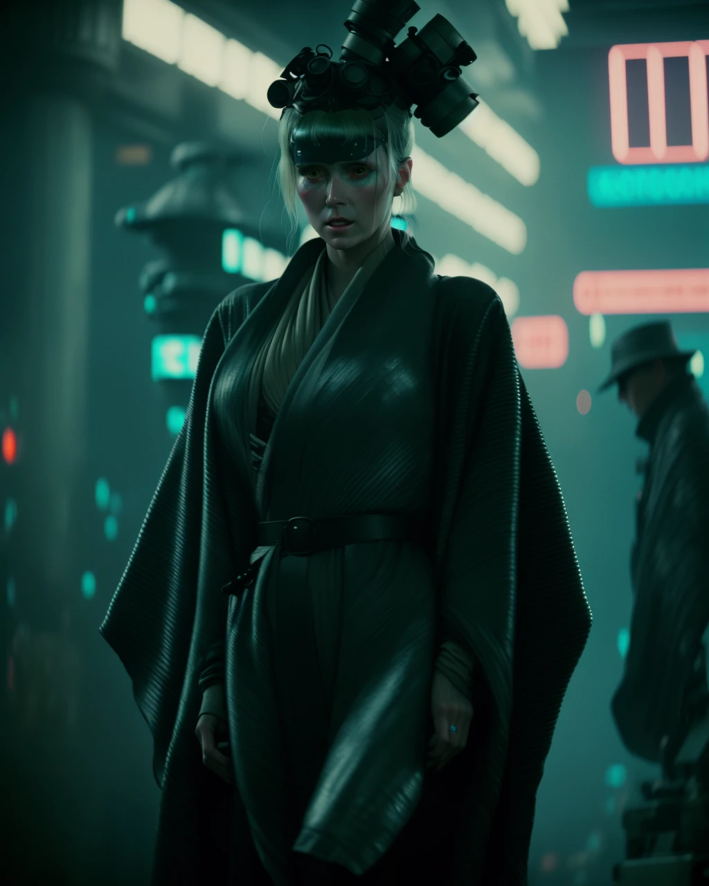 screencap of a woman in a high tech kimono from Blade Runner 1982, apocalyptic, studio lighting, award winning photography, wide angle photo, high definition, realistic, epic, cinematic 3D rendering, insanely detailed, hyper-realistic, super detailed, realistic octane render, 8k