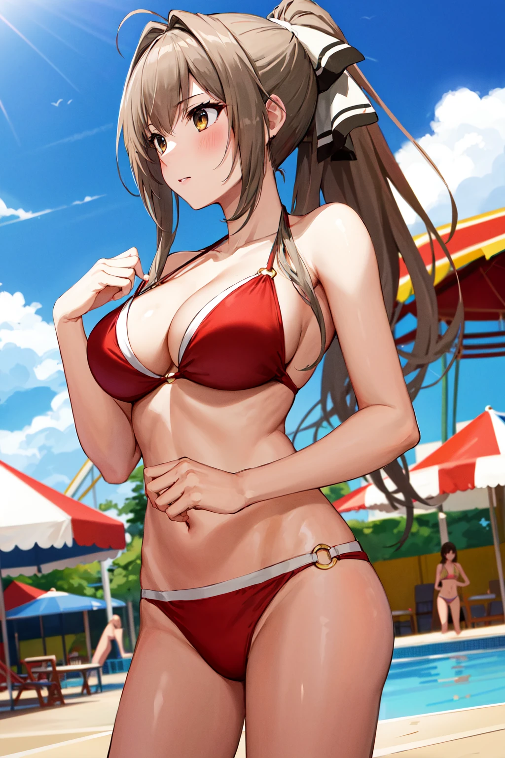 masterpiece, best quality, highres, aaisuzu, aaisuzu, 1girl, ponytail, brown eyes, swimsuit, red bikini, o-ring bikini, <lora:sento_isuzu_v1:0.7>, cowboy shot, standing, poolside, amusement park,