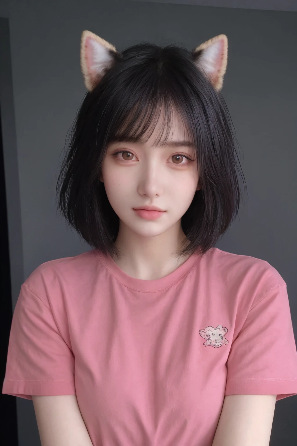 (masterpiece:1.2),best quality,high resolution,unity 8k wallpaper,(illustration:1),beautiful detailed eyes:,extremely detailed face,perfect lighting,photo_\(medium\),photorealistic,realistic,
1girl, solo, animal ears, black hair, looking at viewer, shirt, cat ears, short sleeves, pink shirt, realistic, short hair, black eyes, lips, <lora:faxing_v1:0.15>