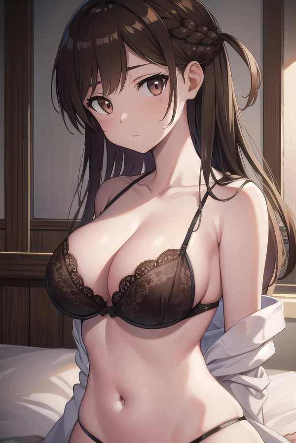mizuharachizuru, <lora:mizuharachizurutest:1>, mizuhara chizuru, (brown eyes:1.5), brown hair, long hair, (one side up:1.5),
BREAK lingerie,
BREAK indoors, bed,
BREAK looking at viewer, 
BREAK <lora:GoodHands-vanilla:1>, (masterpiece:1.2), best quality, high resolution, unity 8k wallpaper, (illustration:0.8), (beautiful detailed eyes:1.6), extremely detailed face, perfect lighting, extremely detailed CG, (perfect hands, perfect anatomy),