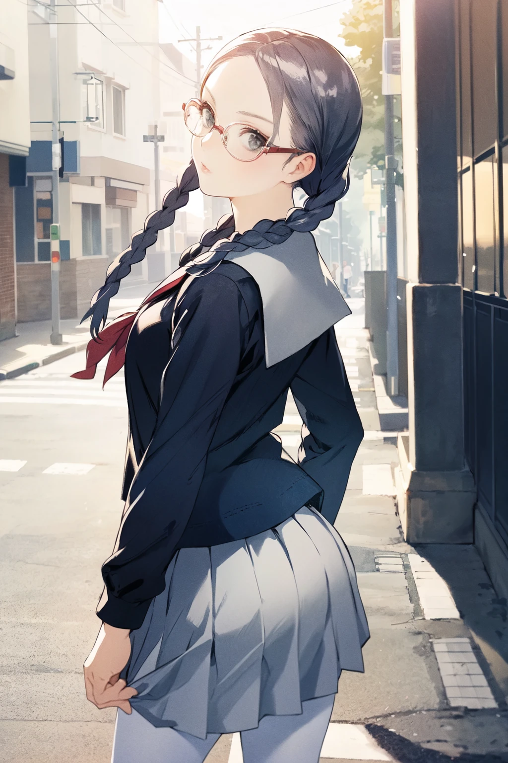 kisaragi tomi, 1girl, solo, braid, skirt, white pantyhose, school uniform, long hair, twin braids, glasses, looking back, grey eyes, serafuku, from behind, pleated skirt, looking at viewer, long sleeves, sailor collar,outdoors, street,cowboy shot,