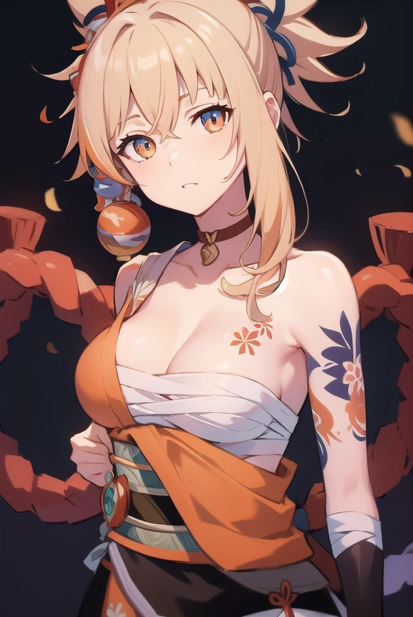 yoimiya, <lora:yoimiyatest:1>, yoimiya, arm tattoo, choker, hair ornament, light brown hair, long hair, (orange eyes:1.2), red choker, sidelocks,
BREAK arm tattoo, bandaged arm, bandaged leg, bandages, bracelet, chest sarashi, chest tattoo, cleavage, collarbone, fingerless gloves, fish tattoo, gloves, hadanugi dousa, japanese clothes, jewelry, kimono, kinchaku, obi, orange kimono, rope, sarashi, sash, shimenawa, single fingerless glove, tattoo, vision (genshin impact), wide sleeves,
BREAK outdoors, city, fireworks,
BREAK looking at viewer,
BREAK <lora:GoodHands-vanilla:1>, (masterpiece:1.2), best quality, high resolution, unity 8k wallpaper, (illustration:0.8), (beautiful detailed eyes:1.6), extremely detailed face, perfect lighting, extremely detailed CG, (perfect hands, perfect anatomy),