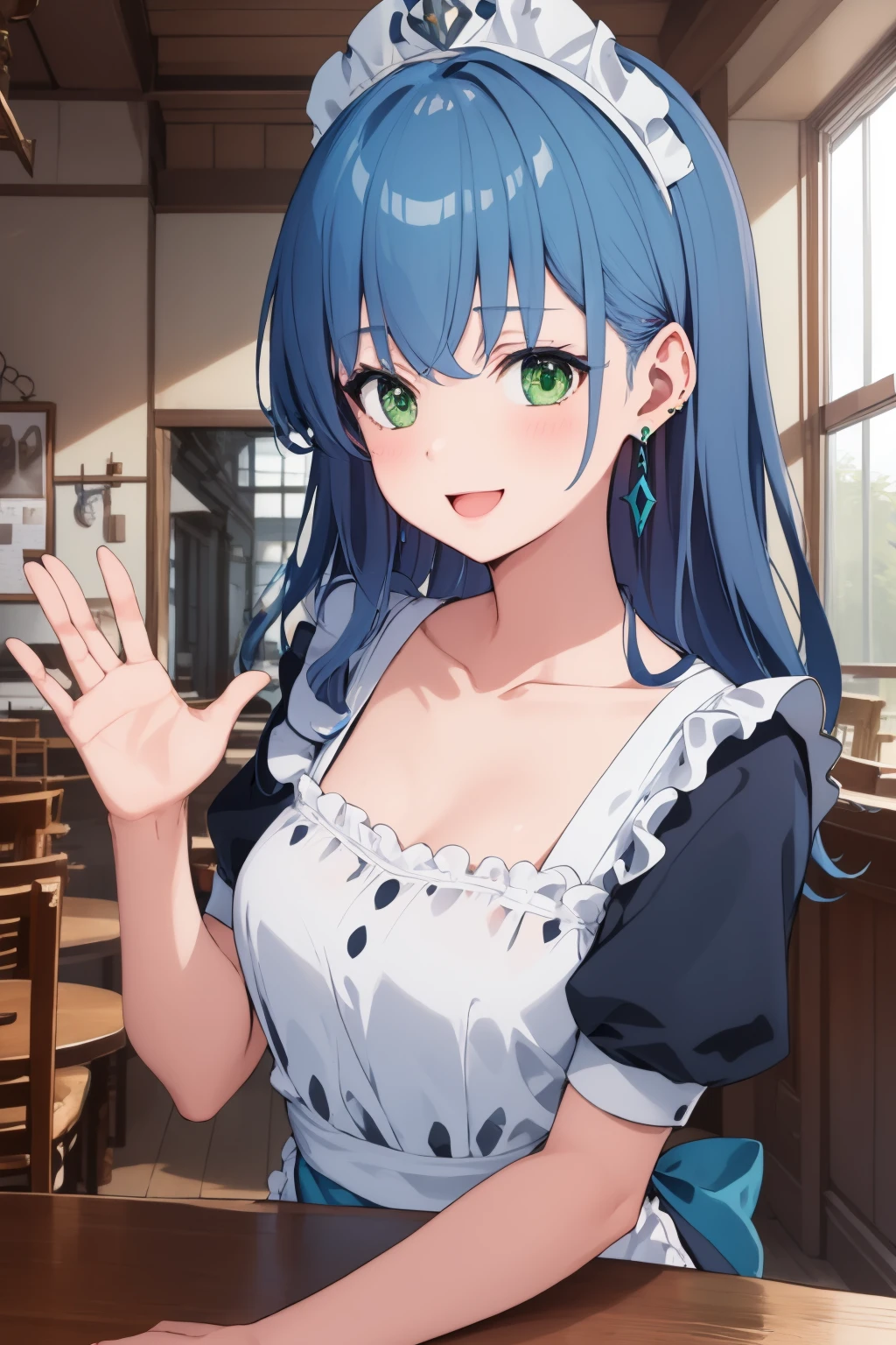 masterpiece,best_quality,isabellaNorn,1girl, solo, solo,blue_hair,green_eyes,upper_body,blush,smile,((happy)),:D, <lora:isabellaNornV1:.8:OUTD>,sitting,long_hair,maid,maid headdress,maid apron, cafe,waving,(collarbone), <lora:GoodHands-vanilla:1:OUTD>,earring,jewelry,