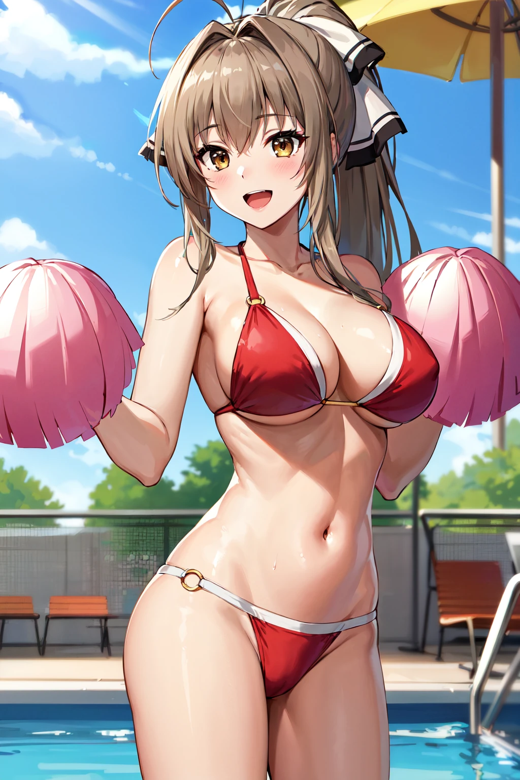 masterpiece, best quality, highres, aaisuzu, aaisuzu, 1girl, ponytail, brown eyes, swimsuit, red bikini, o-ring bikini, <lora:sento_isuzu_v1:0.7>, cowboy shot, standing, poolside, amusement park, pom pom \(cheerleading\), smile, open mouth,