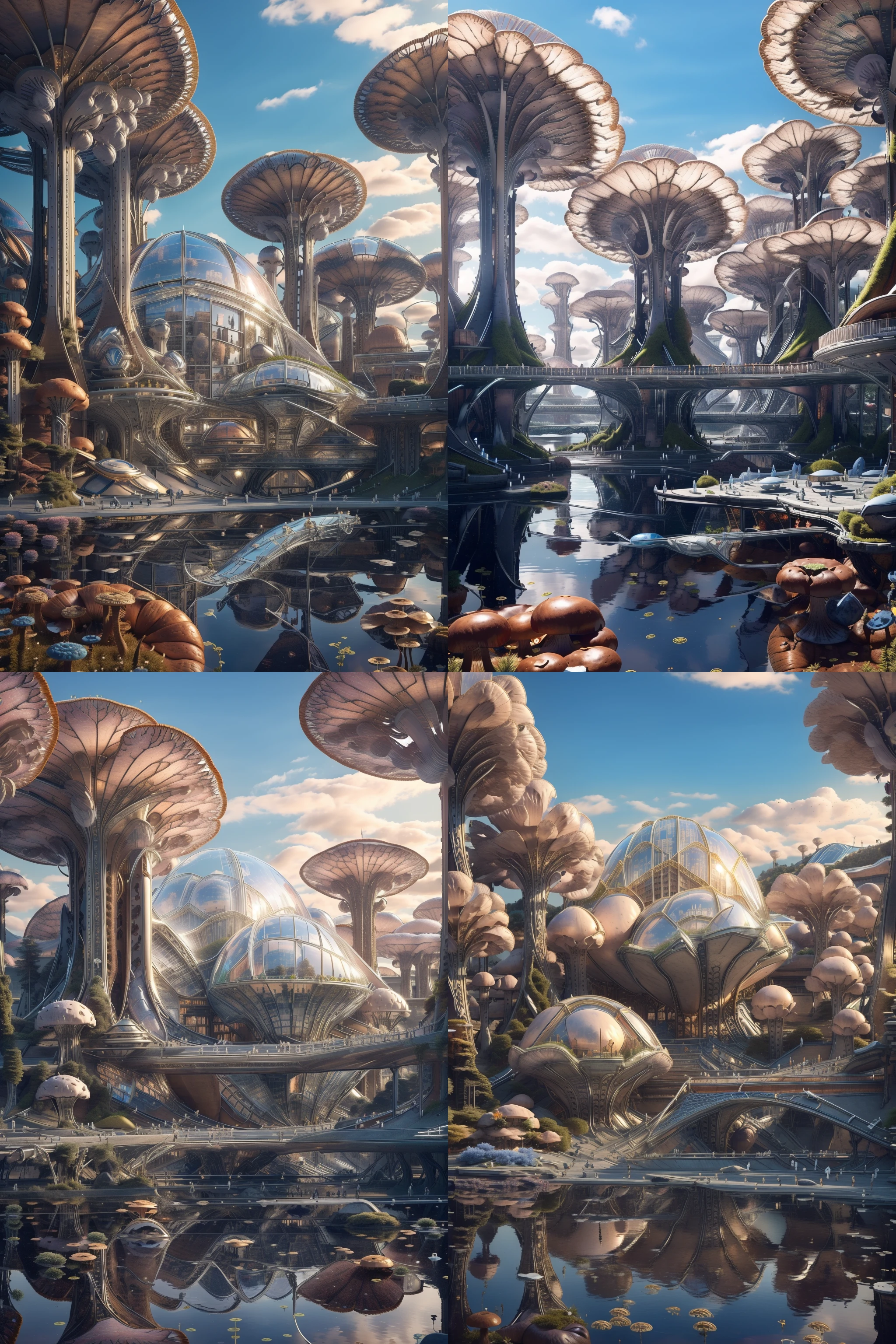 a library with a sofa and book shelves,, (masterpiece),(high quality), best quality, real,(realistic), super detailed, (full detail),(4k),8k,scenery, bridge, mushroom, outdoors, sky, water, no humans, day, river, tree, blue sky, fantasy, reflection, cloud, building<lora:XSArchi_127:1>