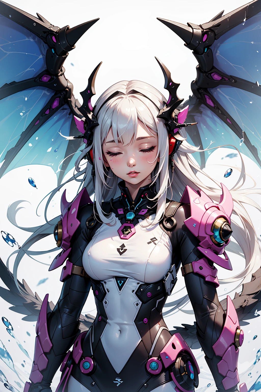 masterpiece, best quality, 1girl, closed eyes, upper body, splashing, splashing paint, abstract, psychedelic, neon, (honeycomb pattern), (creative:1.3), sy3, SMM, fantasy00d, colorful mechanical dragon wings, <lora:dragon ear_20230623155318:0.4>