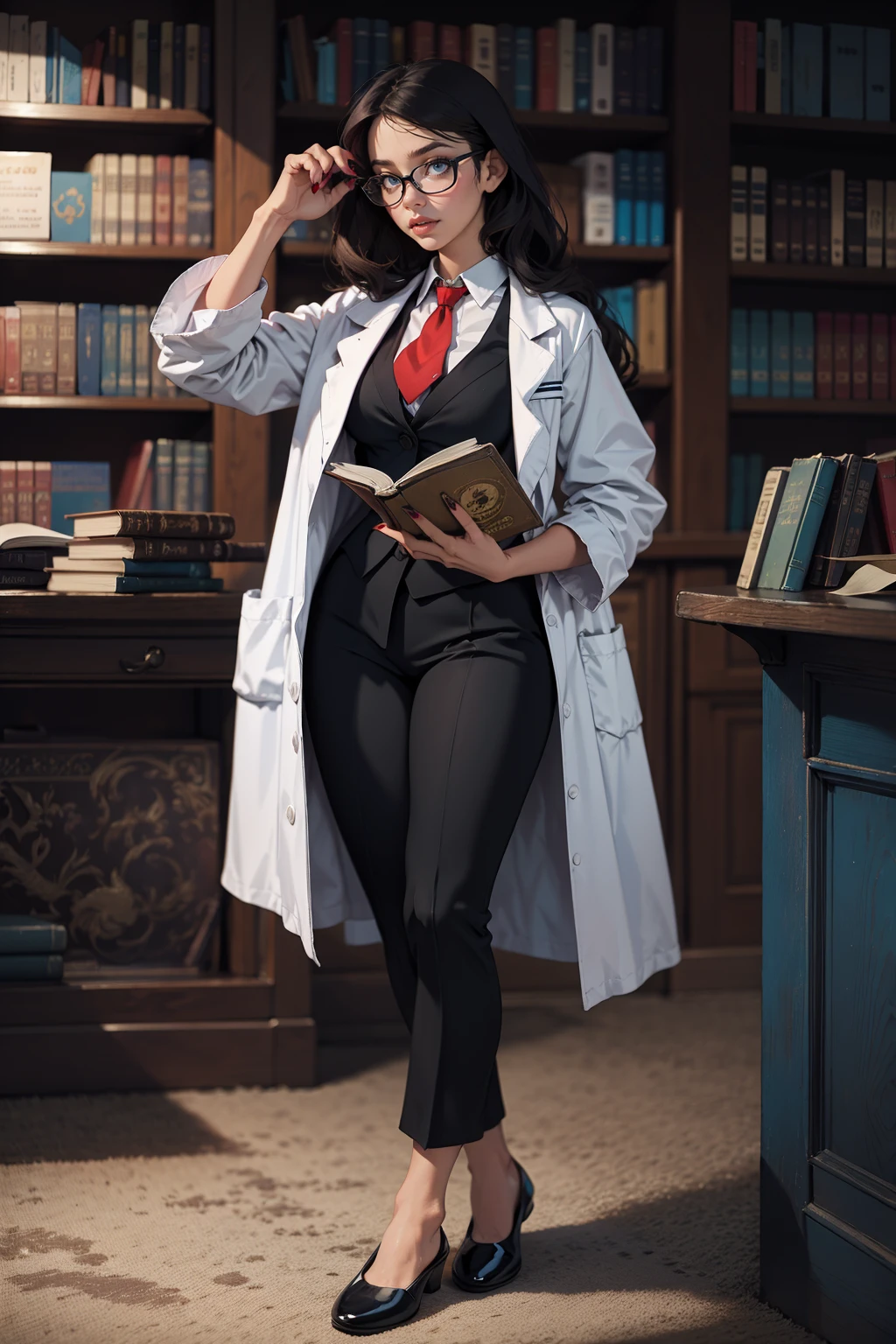 1girl, adjusting_eyewear, black-framed_eyewear, black_footwear, blue_eyes, blue_nails, book, glasses, holding, holding_book, labcoat, long_hair, nail_polish, necktie, open_book, paper, paper_airplane, pen, reading, red_necktie, library, slippers, solo
