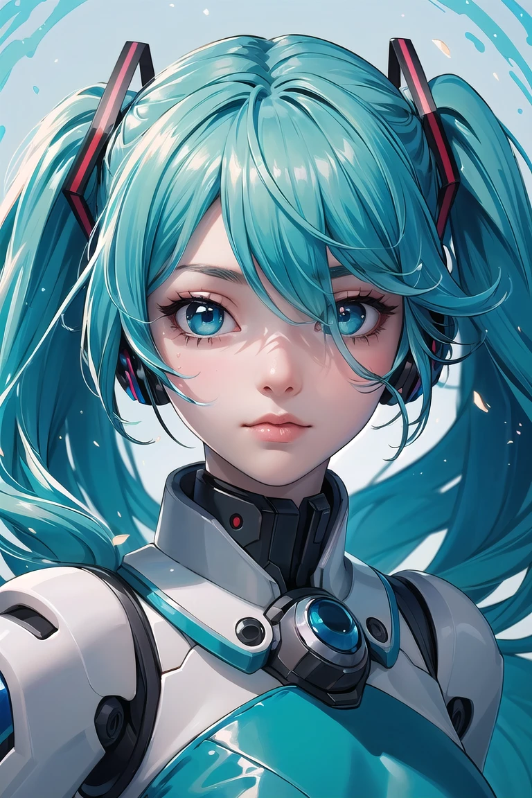 (masterpiece, best quality:1.4), high detail,  detailed background,dramatic lighting, 1girl, cute, (vocaloid), ((Hatsune Miku)), ((blue teal hair)), (long hair), (pastel colors:0.9), (blue beautiful eyes), (gradient hair), (gradient eyes), (((masterpiece, best quality, volumetric lighting, dynamic pose, intricately detailed face))), ((perfect eyes)), (((looking at the viewer))), ((summer)), ((perfect details)), ((light particles)), ((scenery)), ((Garden)), ((illustration, aesthetic)), flowers covering one eye, ((robotic dress)),, <lyco:GoodHands-beta2:0.8> <lora:more_details:0.3> <lyco:GPTS4 dreamwave full_478773:0.3>