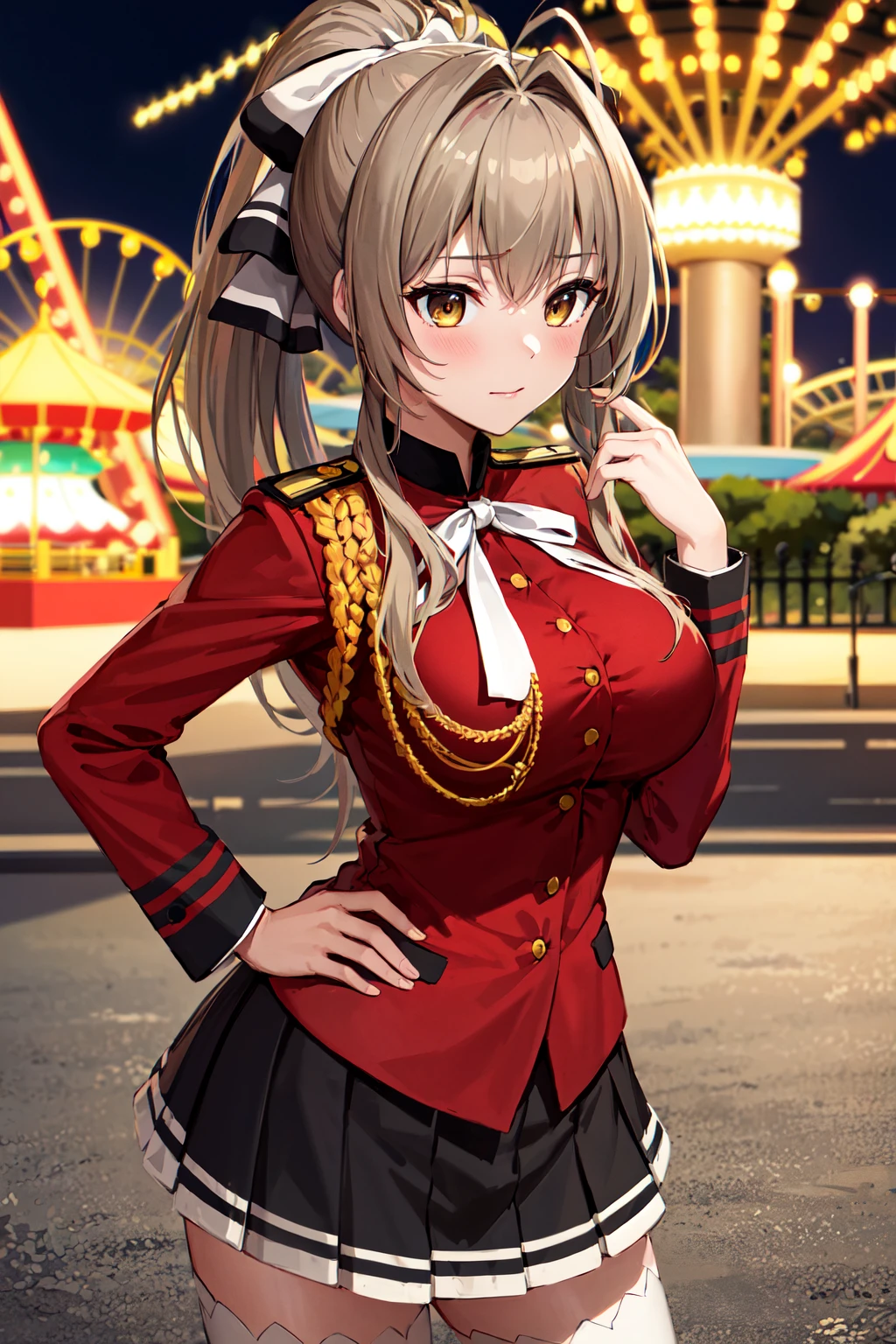 masterpiece, best quality, highres, aaisuzu, 1girl, ponytail, hair bow, brown eyes, uniform, red shirt, aiguillette, black skirt, white thighhighs, <lora:sento_isuzu_v1:0.7>, amusement park, standing, cowboy shot, hand on hip,