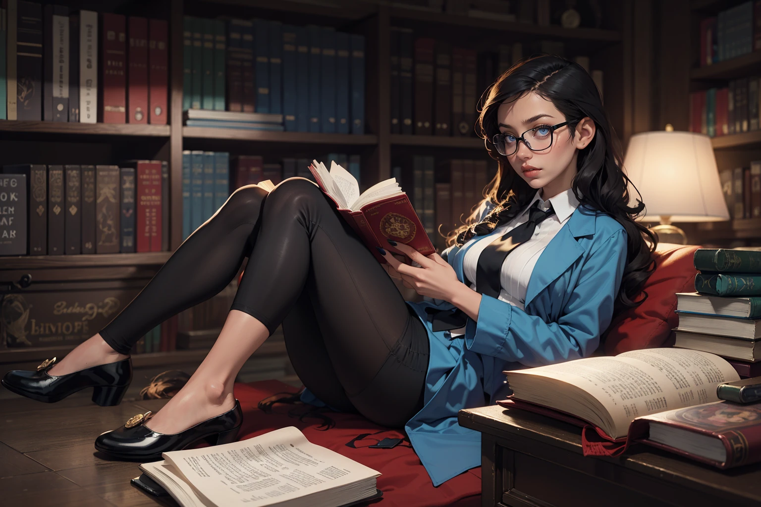 1girl, adjusting_eyewear, black-framed_eyewear, black_footwear, blue_eyes, blue_nails, book, glasses, holding, holding_book, labcoat, long_hair, nail_polish, necktie, open_book, paper, paper_airplane, pen, reading, red_necktie, library, slippers, solo