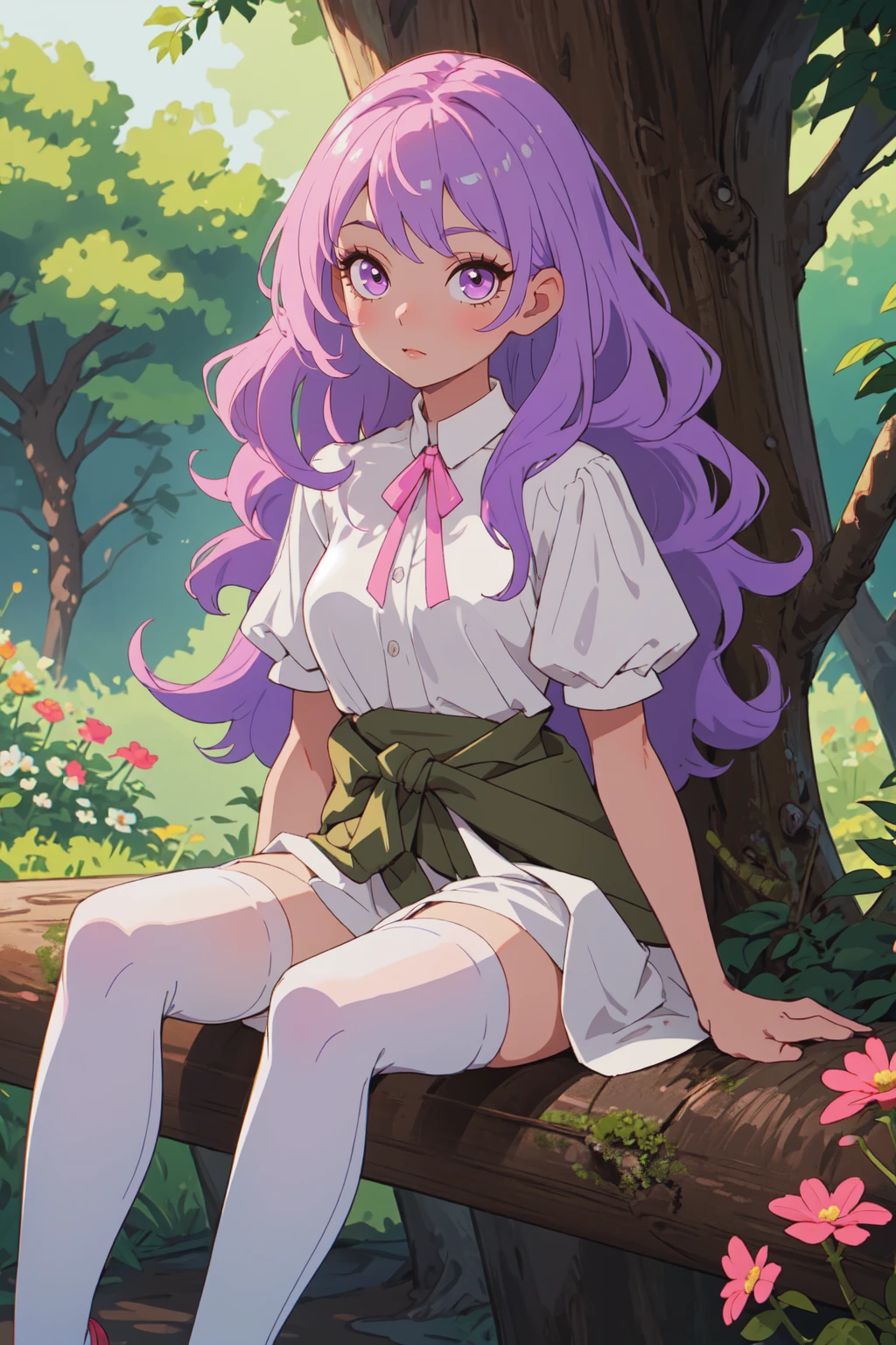 detailed background, superb, 1girl, long hair light purple hair, curly hair, cute, eyelashes, sitting, white dress, pink ribbon around her waist, pink flats, white thighhighs, beautiful 8k wallpaper, outdoors, nature, tree, bush, flower, rustic, extremely detailed, intricate