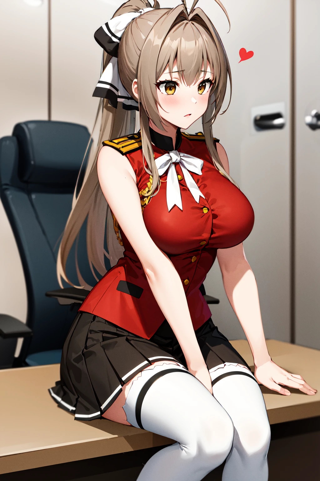 masterpiece, best quality, highres, aaisuzu, 1girl, ponytail, hair bow, brown eyes, uniform, red shirt, aiguillette, black skirt, white thighhighs, (sleeveless:1.1), <lora:sento_isuzu_v1:0.7>, sitting, office