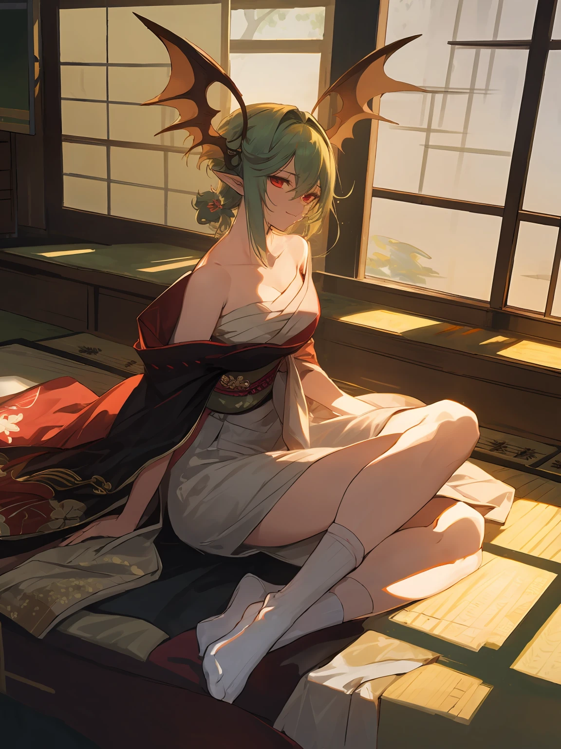 masterpiece,best quality,highres,cinematic lighting,dramatic angle,<lora:ShadowverseYuzukiV4-000024:0.8> ,green hair,pointy ear,looking at viewer,red eyes,collarbone,bare shoulders,kimono,japanese clothes,bandages,smile,head wings,drinking,sake,sakazuki,lens flare,sitting,indoors,socks,legs