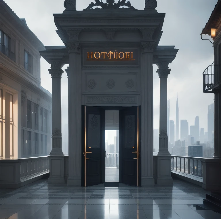 a buildings future, door,hotel , detailed, illustration, trending artstation, digital painting,symmetric,atmospheric lightingr