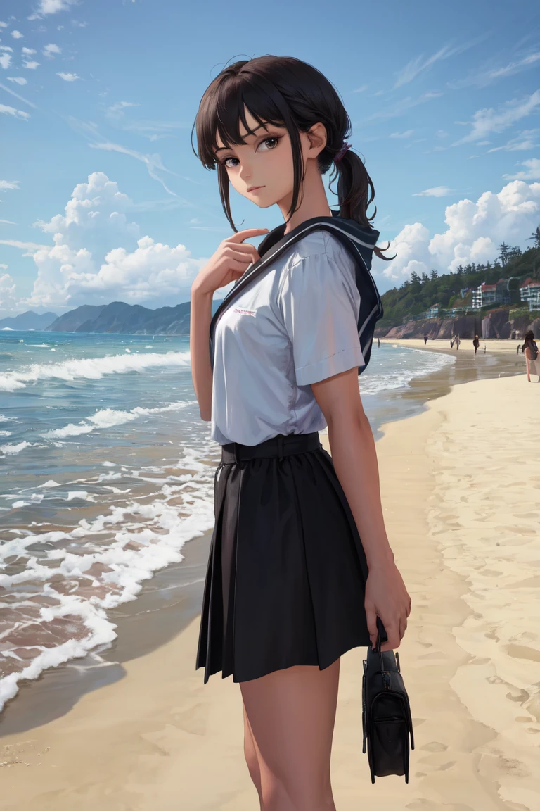 masterpiece, best quality, 1girl, solo, standing, looking at viewer, from side, beach