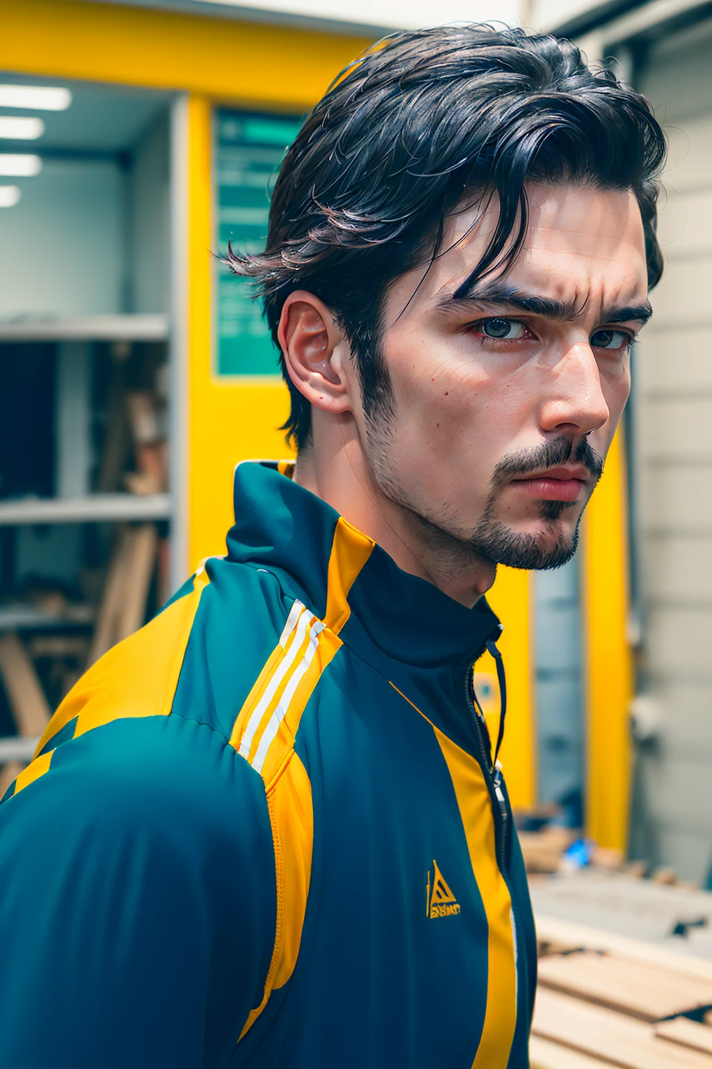 (8k, RAW photo, best quality, masterpiece:1.2), (realistic, photo-realistic:1.2), ultra-detailed, 1man, a man standing in front of the workshop,  upper body, pov, (point of view), upper body face to viewer, from front, cowboy shot,  looking at viewer,