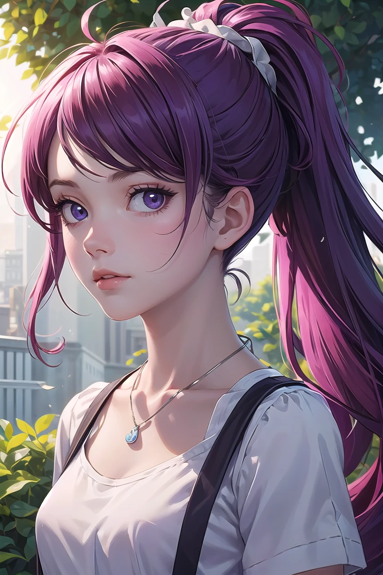 (masterpiece, best quality:1.4), high detail, (detailed face), detailed eyes, detailed background,dramatic lighting, 1girl, Flying hair, looking at viewer, upper body, (suspenders), ponytail, violet hair, sunlight, outdoors, necklace <lora:more_details:0.3> <lyco:GPTS4 dreamwave full_478773:0.3> <lyco:GoodHands-beta2:1.0>