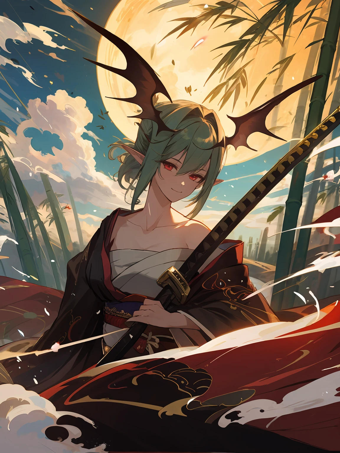 masterpiece,best quality,highres,cinematic lighting,dramatic angle,<lora:ShadowverseYuzukiV4-000024:0.8> ,katana,unsheathing,glowing,full moon,bamboo,cloud,green hair,pointy ear,looking at viewer,red eyes,collarbone,bare shoulders,kimono,japanese clothes,bandages,smile,head wings,fence,lens flare,dynatic angle,flaming