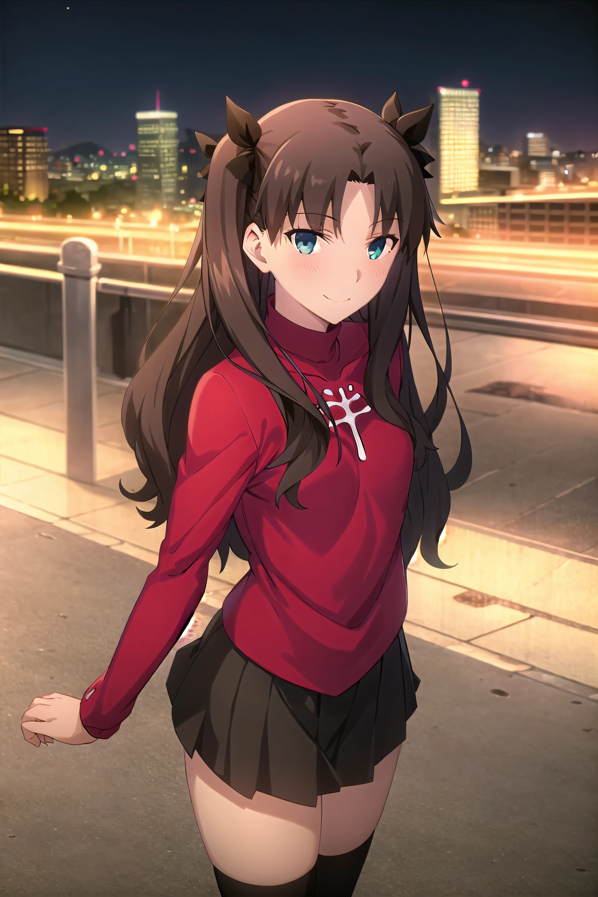 best quality, (masterpiece:1.2), highly detailed,
city, cityscape, night,
<lora:chara_FateStayNightUBW_TohsakaRin_v1:0.8>, tohsaka rin,
1girl, solo, standing, looking at the viewer, smile, closed mouth, slight blush,
long hair, two side up, brown hair, blue eyes, hair ribbon,
red turtleneck, long sleeves, pleated skirt, black skirt, black thighhighs