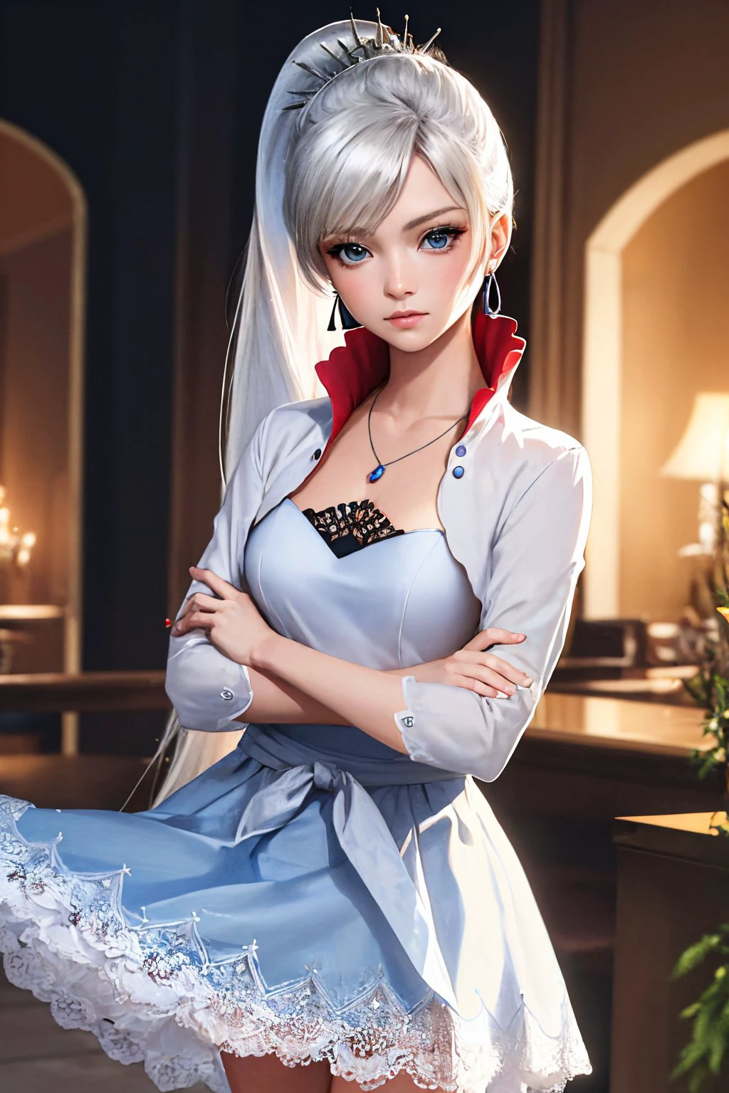 (masterpiece, best quality:1.2), <lyco:rwby_weissschnee-12:1.0>, cowboy shot, solo, 1girl, weissvale, expressionless, closed mouth, looking at viewer, crossed arms, ponytail, white dress, jewelry, necklace, earrings