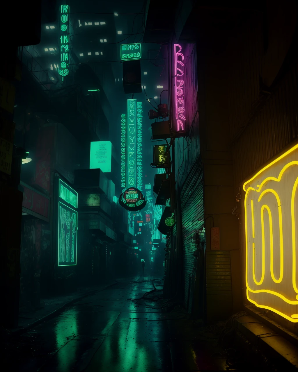 a neon sign on a building in a dark alley from Blade Runner 1982, apocalyptic, studio lighting, award winning photography, wide angle photo, high definition, realistic, epic, cinematic 3D rendering, insanely detailed, hyper-realistic, super detailed, realistic octane render, 8k
