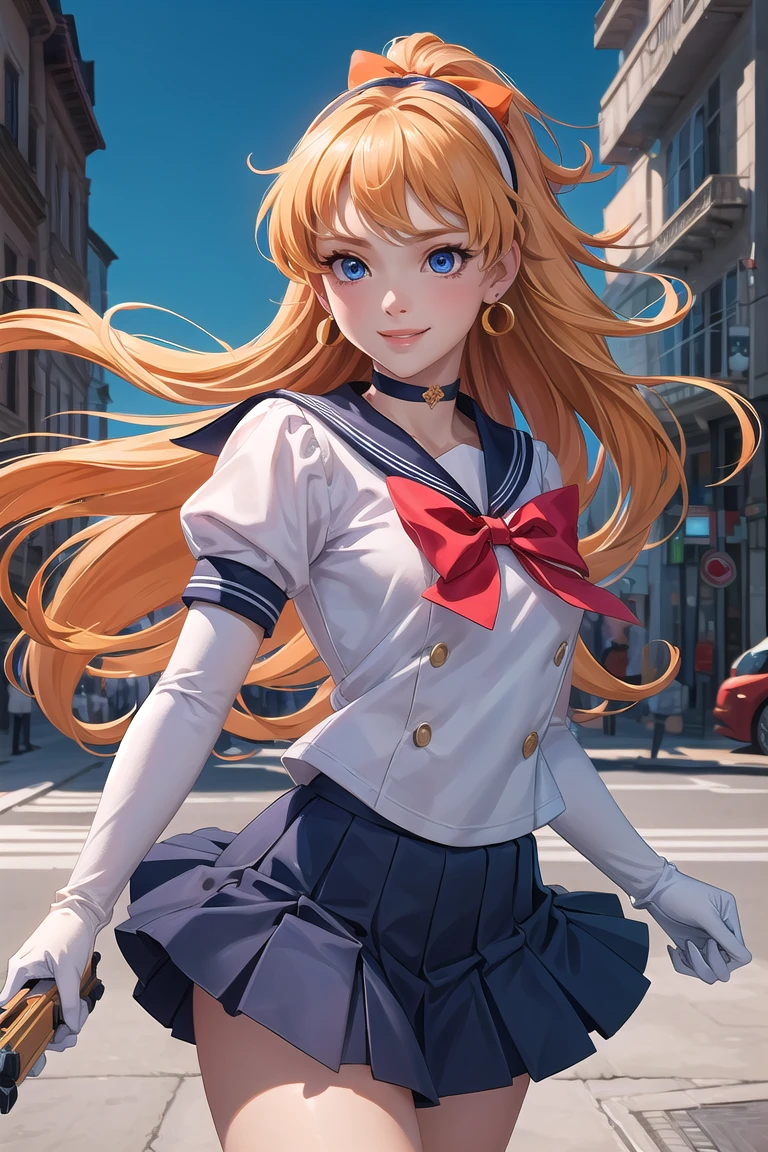 (masterpiece, best quality:1.4), high detail, (detailed face), detailed eyes, detailed background,dramatic lighting, Venus1, 1Girl, Solo, Sailor Warrior Uniform, Sailor Venus, Minako Aino, Blonde, Magical Girl, Blue Eyes, Orange Skirt, Elbow Gloves, Headgear, Pleated Skirt, Bow, Orange Sailor Collar, Miniskirt, Choker, Red Bow, Orange Choker, White Gloves, Extra Long Hair, Jewelry, Earrings, Cowboy Gun, Smile, Outdoor, Street, Run, Jump <lora:more_details:0.3> <lyco:GPTS4 dreamwave full_478773:0.3> <lyco:GoodHands-beta2:1.0>