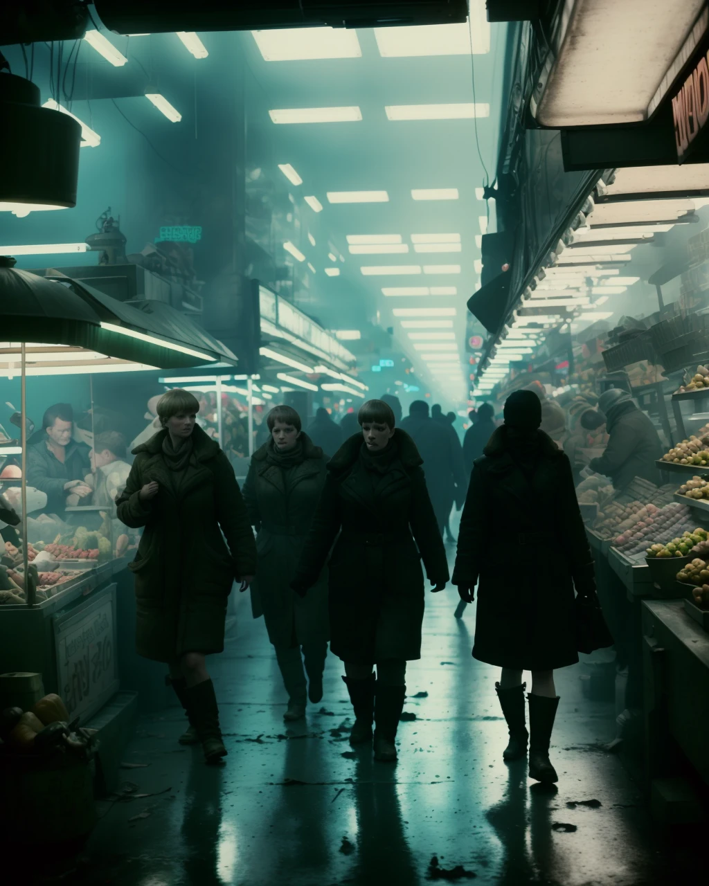 a group of people standing around a market from Blade Runner 1982, apocalyptic, studio lighting, award winning photography, wide angle photo, high definition, realistic, epic, cinematic 3D rendering, insanely detailed, hyper-realistic, super detailed, realistic octane render, 8k