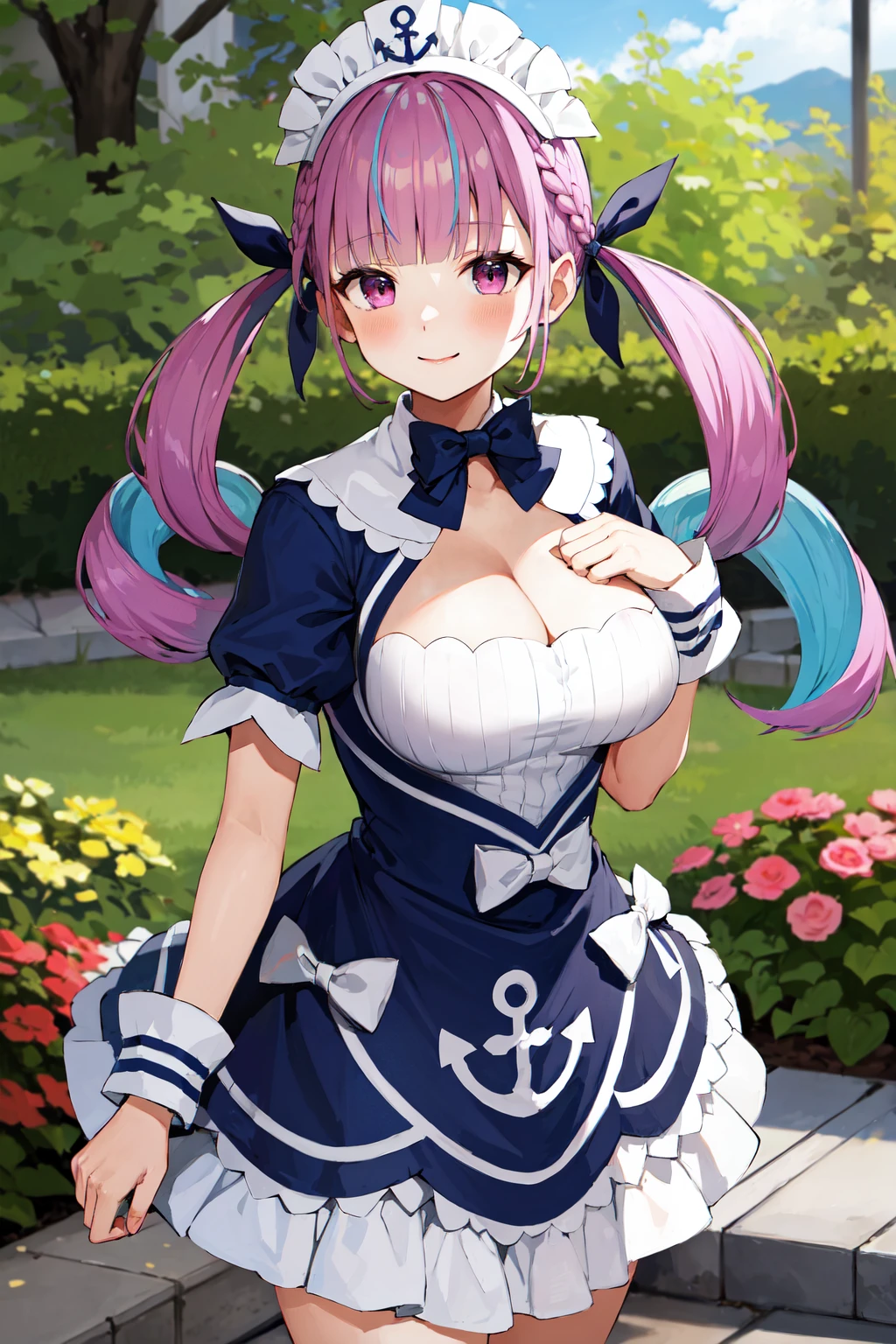 masterpiece, best quality, highres, aaaqua, twintails, drill hair, maid headdress, cleavage, short sleeves, wrist cuffs, <lora:minato_aqua_v1:1>, cowboy shot, standing, smile, garden