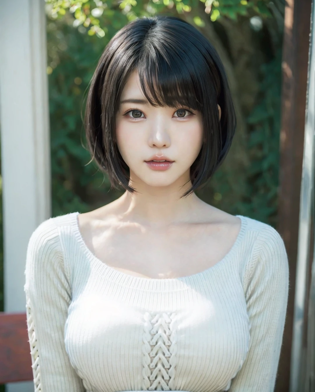 pureerosface_v1:0.3, best quality, photorealistic, 8k, high res, full color, 1girl, woman, 20 years old woman, (closed mouth:1.2), (skindentation), (portrait:0.6), trees, park bench, daylight, ((park background:1.52)), full color, ((necksweater:1.68)), straight-looking at viewer:1.8, (1girl eyes looking at viewer:1.55), (short-length hair, blackhair, partedhair:1.45), (bokeh), <lora:AAG-enako:0.7>