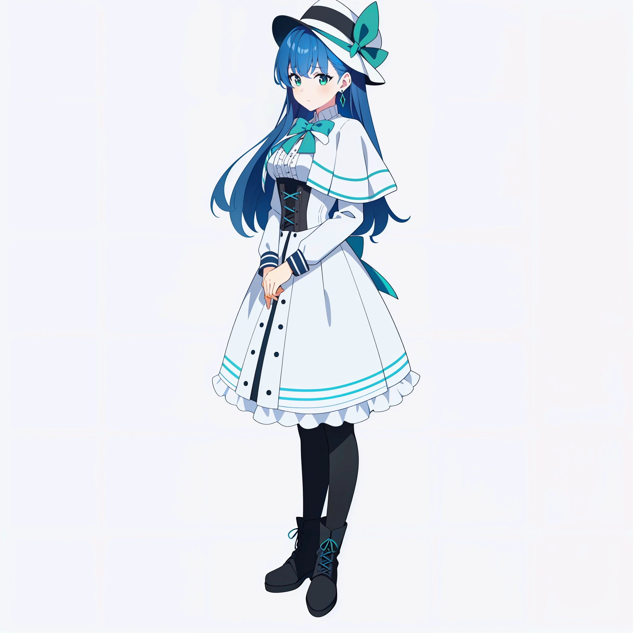 1girl,solo,masterpiece,best_quality,4k,blue_hair,white_dress,frills,earrings,hat,medieval,long_straight_hair,sharp_eyes,black_boots,ribbon,full body, standing,simple background, white background, medium_breasts,corset,bow,highly_detailed,emerald,capelet,