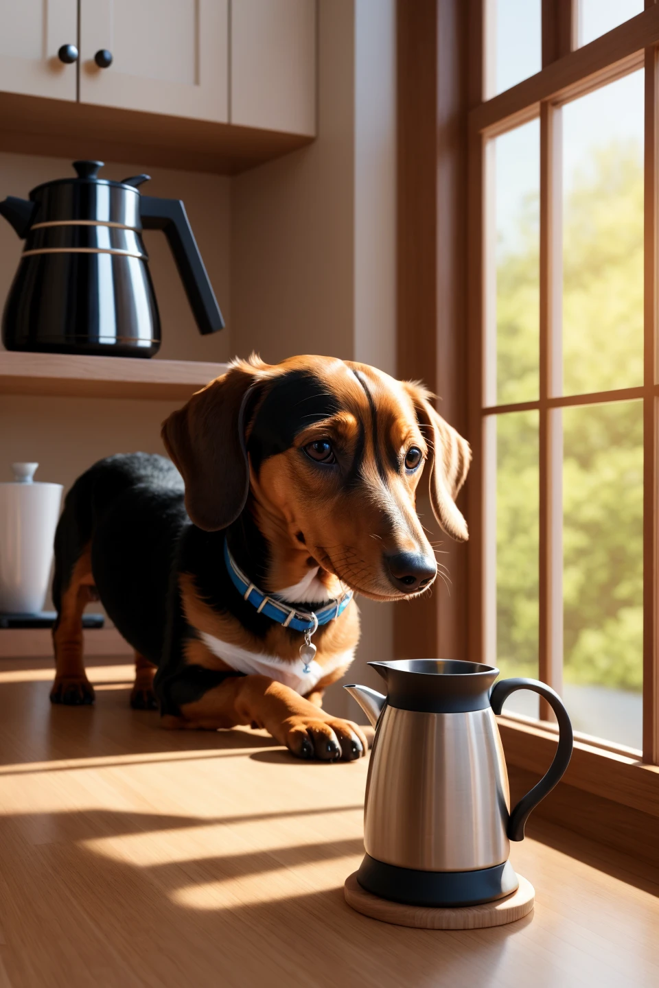 a dachshund working on the coffee maker in the morning in the kitchen, masterpiece, best quality, high quality, extremely detailed cg unity 8k wallpaper, scenery, award winning photography, hdr, trending on artstation, trending on cgsociety, intricate, high detail, art by midjourney
