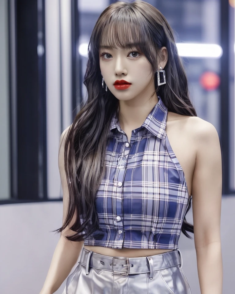 best quality, chengxiao, 1girl, solo, long hair, looking at viewer, shirt, bare shoulders, red lips, <lora:chengxiao_v2:0.7>