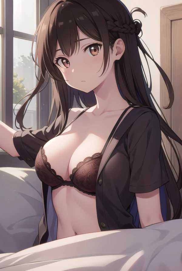 mizuharachizuru, <lora:mizuharachizurutest:1>, mizuhara chizuru, (brown eyes:1.5), brown hair, long hair, (one side up:1.5),
BREAK lingerie,
BREAK indoors, bed,
BREAK looking at viewer,
BREAK <lora:GoodHands-vanilla:1>, (masterpiece:1.2), best quality, high resolution, unity 8k wallpaper, (illustration:0.8), (beautiful detailed eyes:1.6), extremely detailed face, perfect lighting, extremely detailed CG, (perfect hands, perfect anatomy),