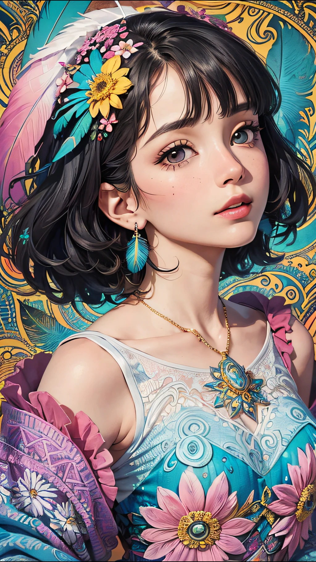 (perfect face, masterpiece, top quality, best quality, official art, beautiful and aesthetic:1.2), (1girl:1.3), extremely detailed,(fractal art:1.1),(colorful:1.1)(flowers:1.3),highest detailed,(zentangle:1.2), (dynamic pose), (abstract background:1.3), (many colors:1.4), ,(earrings), (feathers:1.5)