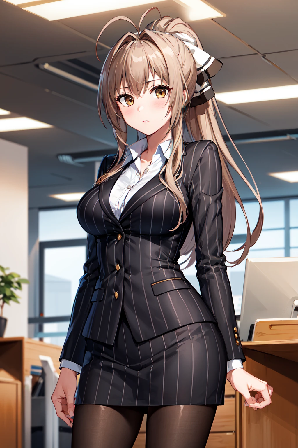 masterpiece, best quality, highres, aaisuzu, 1girl, ponytail, hair bow, brown eyes, pinstripe suit, black suit, collared shirt, pinstripe skirt, black pantyhose, <lora:sento_isuzu_v1:0.7>, cowboy shot, standing, office, looking at viewer,