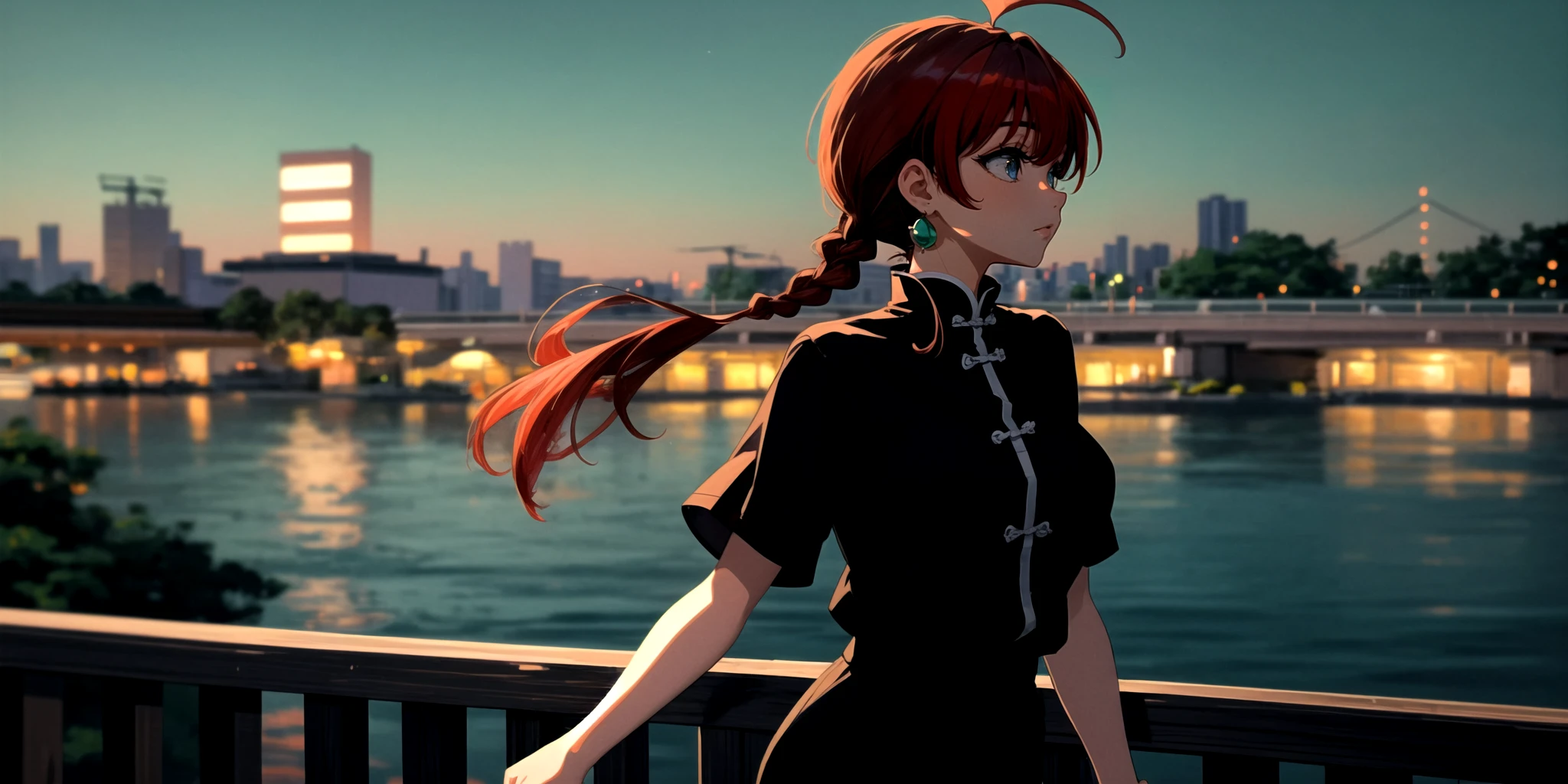 (masterpiece, best quality, extremely detailed:1.5) BREAK highres, ranma 1/2, ranma-chan, 1girl, blue eyes, pigtail braid, breasts, casual, closed mouth, large breasts, long hair, looking away, looking to the side, red tang shirt, button, black loose pants, red hair, short sleeves, solo, tokyo landscape, ahoge