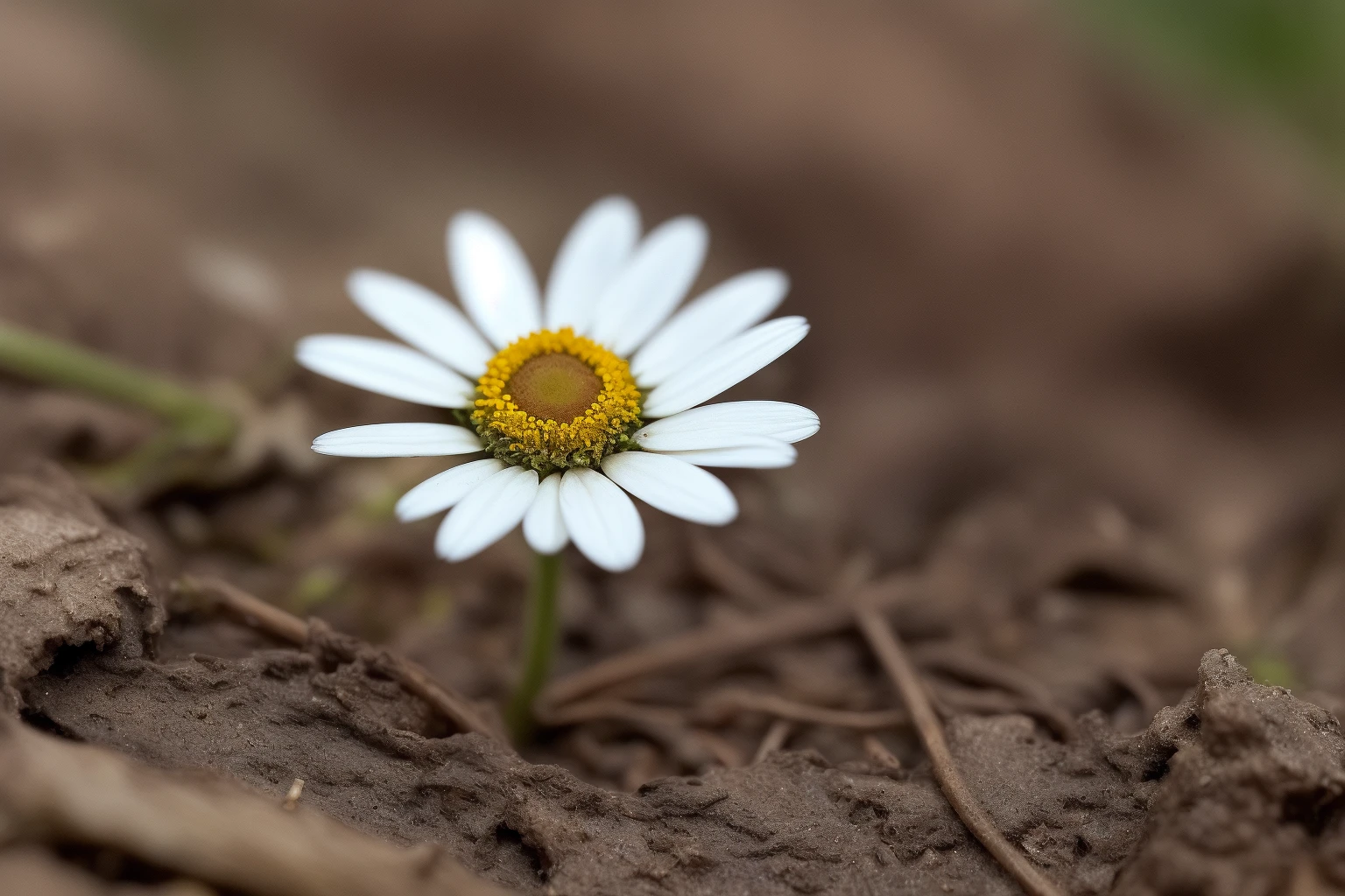 a perfect closeup photo of a tiny daisy flower on the overgrown forest floor