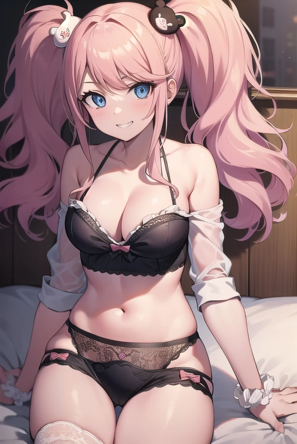junkoenoshima, <lora:junkoenoshima:1>, junko enoshima, bear hair ornament, blue eyes, long hair, pink hair, twintails, grin, wavy hair,
BREAK lingerie,
BREAK indoors, bed,
BREAK looking at viewer, BREAK <lora:GoodHands-vanilla:1>, (masterpiece:1.2), best quality, high resolution, unity 8k wallpaper, (illustration:0.8), (beautiful detailed eyes:1.6), extremely detailed face, perfect lighting, extremely detailed CG, (perfect hands, perfect anatomy),