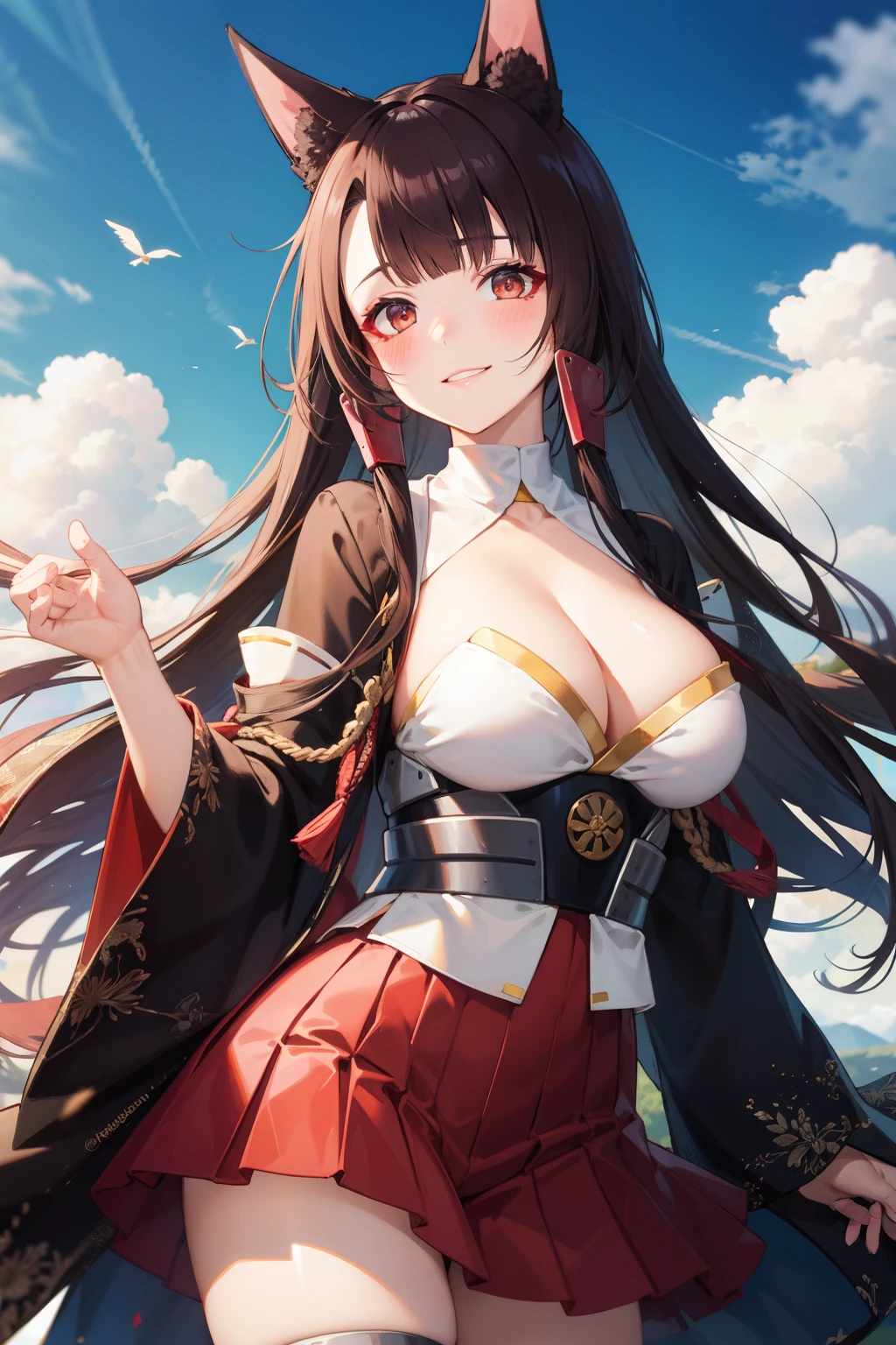 <lora:akagi-08:1>akagi(azur lane), large breasts, 1girl, outdoors, eyeliner, red skirt, japanese clothes, brown hair, animal ears, cloud, smile, makeup, long hair, parted lips, black kimono, skirt, solo, red eyes, blunt bangs, looking at viewer, blue sky, cleavage, wide sleeves, blush, fox ears, sakuramon, day, eyeshadow, sky, kimono