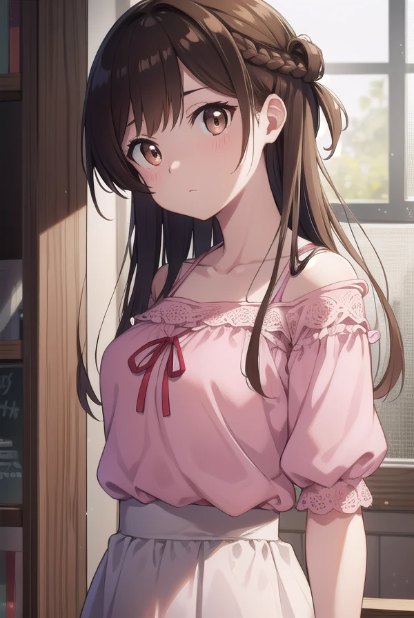 mizuharachizuru, <lora:mizuharachizurutest:1>, mizuhara chizuru, (brown eyes:1.5), brown hair, long hair, (one side up:1.2),
BREAK bare shoulders, collarbone, pink shirt, puffy short sleeves, puffy sleeves, red bow, shirt, short sleeves, skirt, white skirt,
BREAK indoors, classroom,
BREAK looking at viewer,
BREAK <lora:GoodHands-vanilla:1>, (masterpiece:1.2), best quality, high resolution, unity 8k wallpaper, (illustration:0.8), (beautiful detailed eyes:1.6), extremely detailed face, perfect lighting, extremely detailed CG, (perfect hands, perfect anatomy),