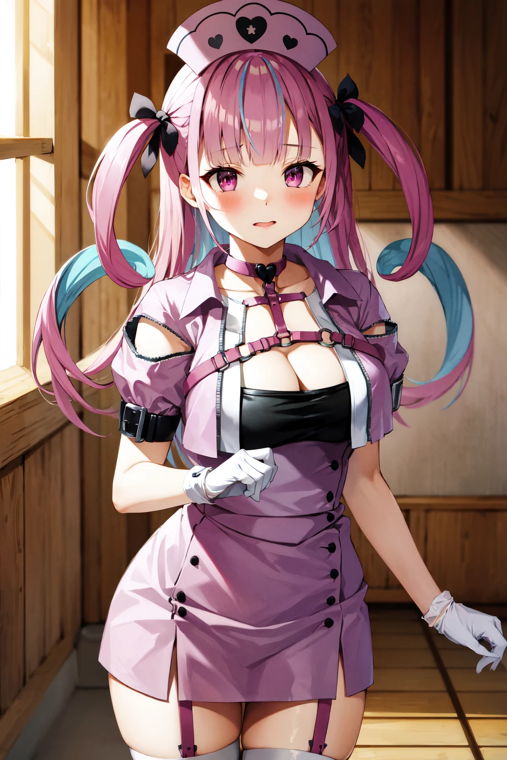 masterpiece, best quality, highres, ggaqua, two side up, medium breasts, <lora:minato_aqua_v1:1>, cowboy shot, standing, indoors,