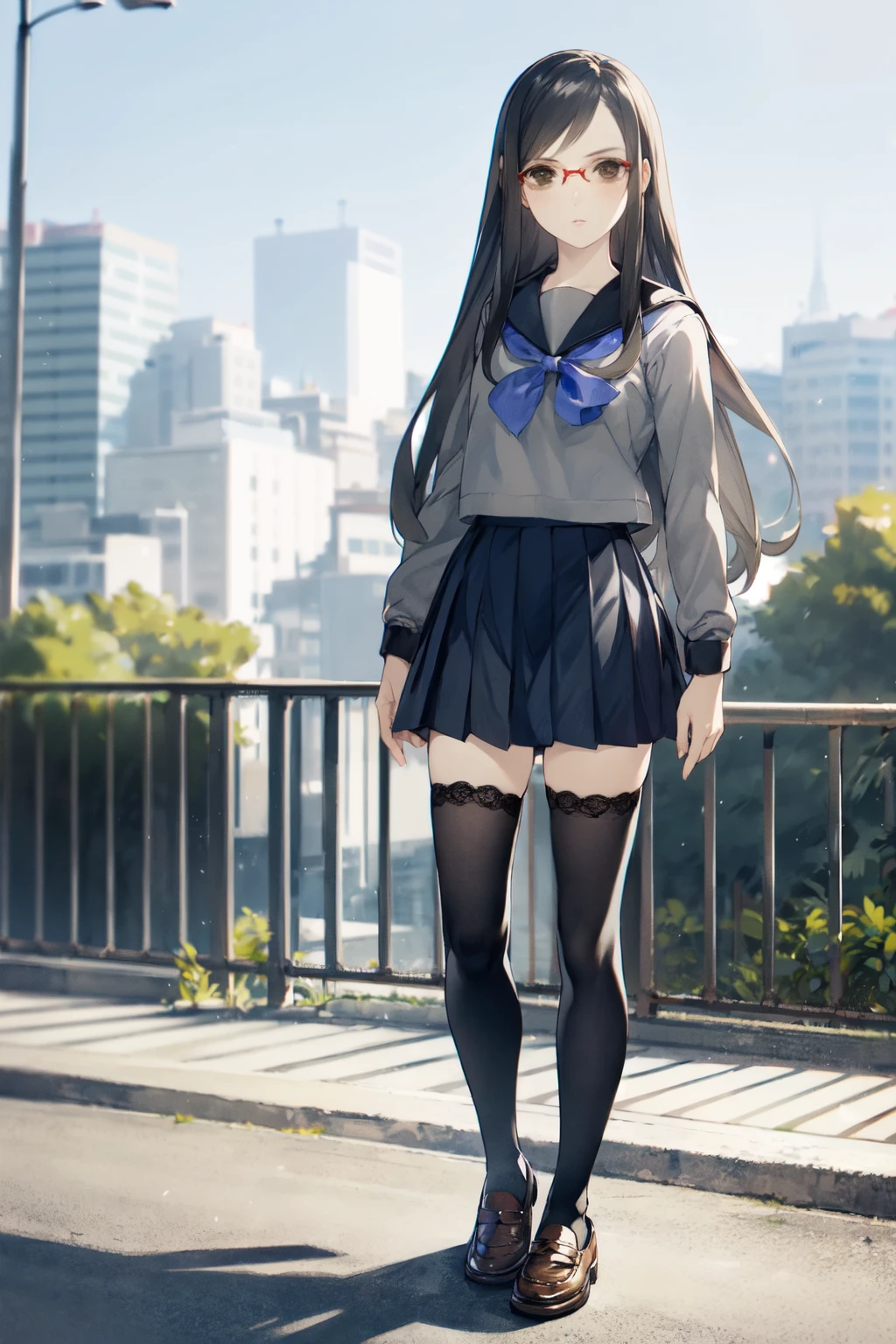 yakushiji megumi, 1girl, solo, school uniform, thighhighs, long hair, serafuku, skirt, glasses, black hair, black thighhighs, zettai ryouiki, brown eyes, shoes, pleated skirt,outdoors,