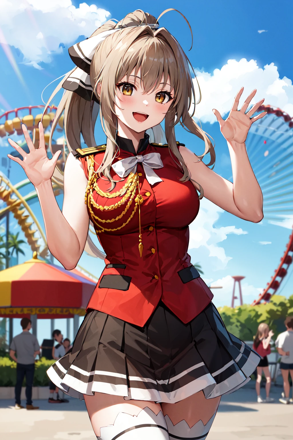 masterpiece, best quality, highres, aaisuzu, 1girl, ponytail, hair bow, brown eyes, uniform, red shirt, aiguillette, black skirt, white thighhighs, (sleeveless:1.1), <lora:sento_isuzu_v1:0.7>, amusement park, smile, waving, open mouth,