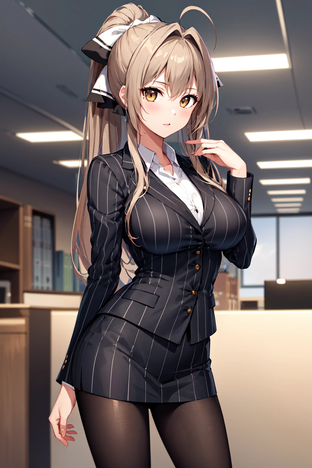 masterpiece, best quality, highres, aaisuzu, 1girl, ponytail, hair bow, brown eyes, pinstripe suit, black suit, collared shirt, pinstripe skirt, black pantyhose, <lora:sento_isuzu_v1:0.7>, cowboy shot, standing, office, looking at viewer,