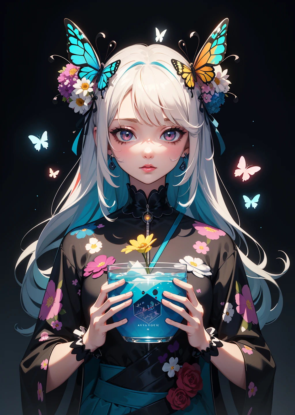 (masterpiece:1.1), (highest quality:1.1), (HDR:1.0), ambient light, ultra-high quality,( ultra detailed original illustration), (1girl, upper body), ((harajuku fashion)), ((flowers with human eyes, flower eyes)), double exposure, fusion of fluid abstract art, glitch, (original illustration composition), (fusion of limited color, maximalism artstyle, geometric artstyle, butterflies, junk art)